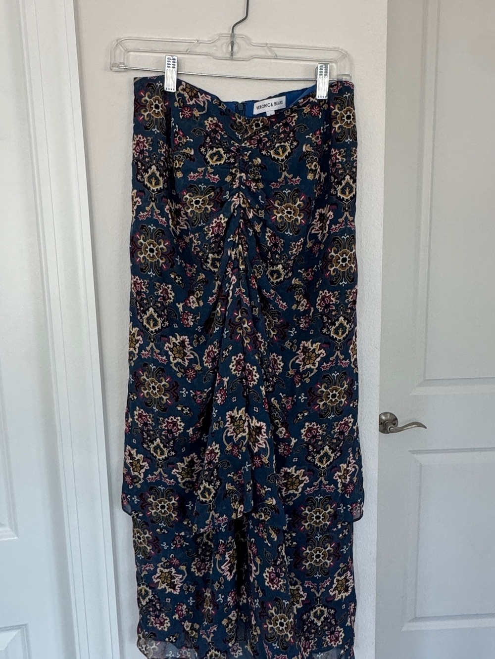 Veronica Beard Sira ruched silk chiffon midi skirt in a blue floral print.